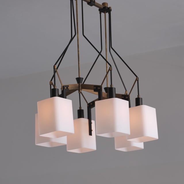 Metal Italian Six-Light Chandelier in Brass, Black Metal and Opaline Glass, 1950s For Sale - Image 7 of 16