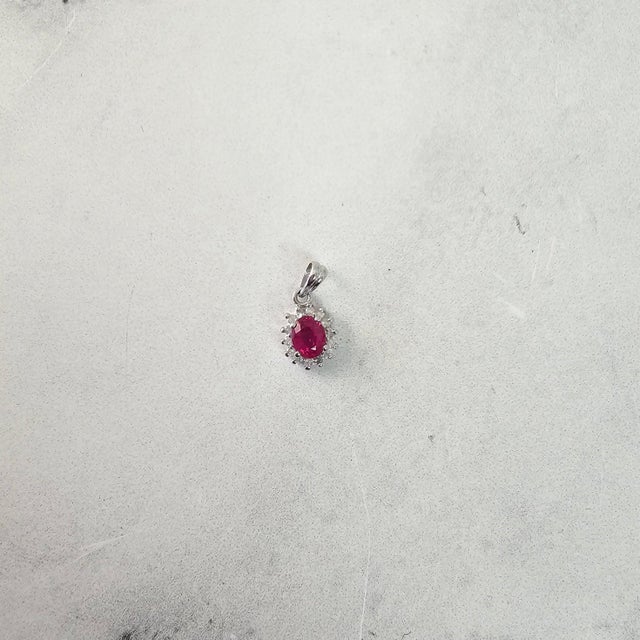 Contemporary Oval Ruby Diamond Halo Necklace 14k White Gold 16" For Sale - Image 3 of 3