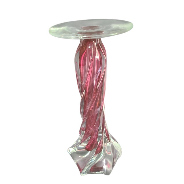 Glass Late 20th Century Italian Art Glass Pink Cranberry & Clear Candle Pedestal Stand For Sale - Image 7 of 7