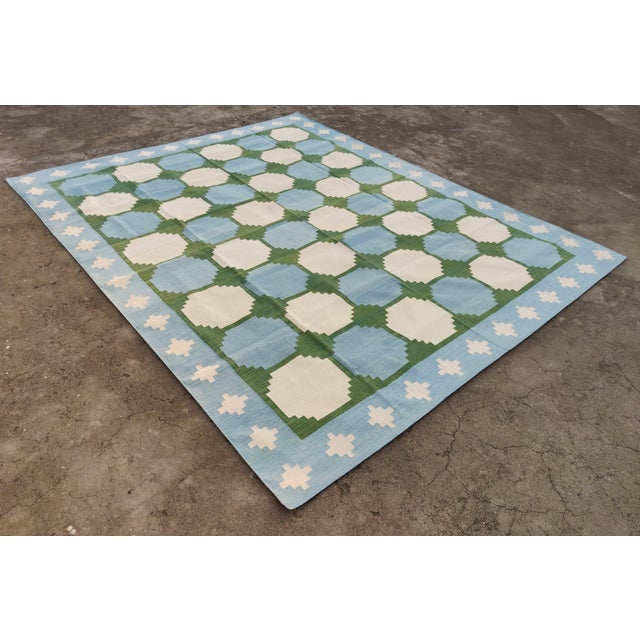 Handmade Woolen Flat Weave Swedish Pattern Sky Blue and Forest Green Area Rug - 9'x14' For Sale - Image 6 of 17