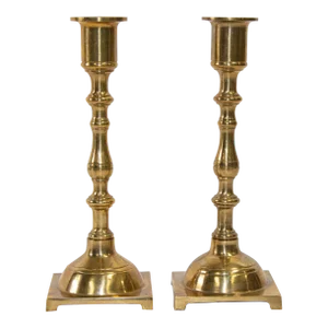 Pair of Georgian Polished Brass Candlesticks With Square Base