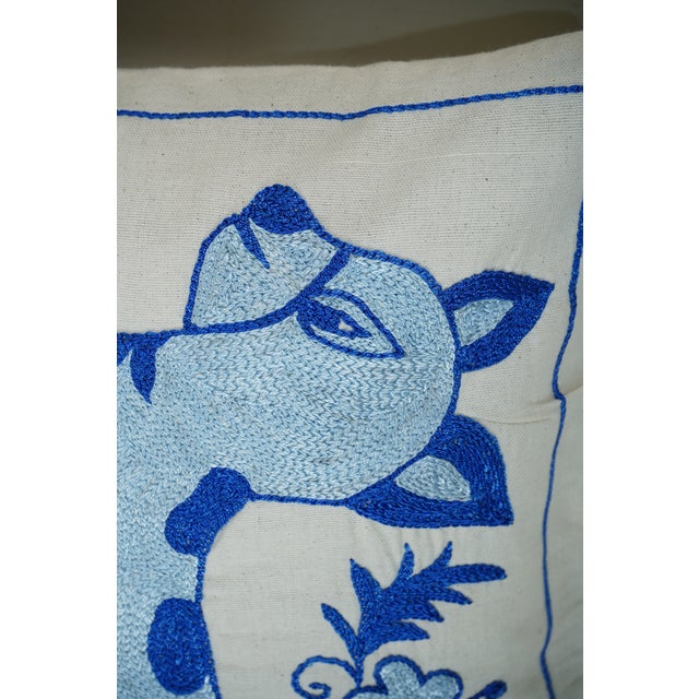 1990s Blue Suzani Deer Pillow Cover - A Pair For Sale - Image 5 of 6