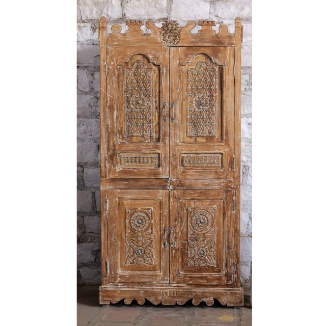 Mid-Century Modern Antique Hand-Carved Armoire Cabinet | Ornate Vintage Accent Storage Furniture 77x38 For Sale - Image 3 of 7