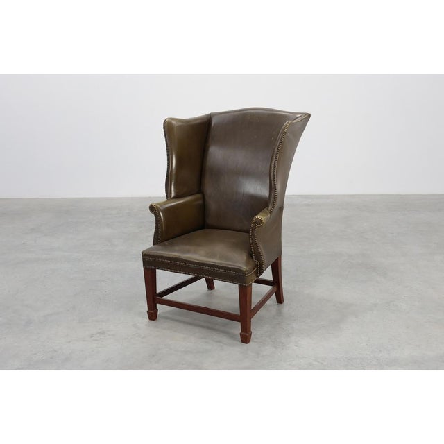 Animal Skin Mid-Century Modern Wing Back Chair in Green Leather, 1980s For Sale - Image 7 of 15