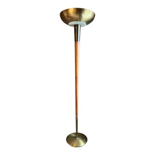 Mid 20th Century Brass Oak Torchiere Floor Lamp For Sale