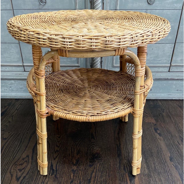 Tan Mid-Century French Bamboo & Wicker Tiered Table For Sale - Image 8 of 8