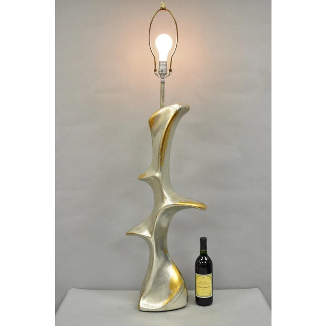 Vintage Brutalist Silver & Gold Leaf Sculptural Ceramic Large Mid Century Modern Table Lamp in the Manner of Richard Barr....