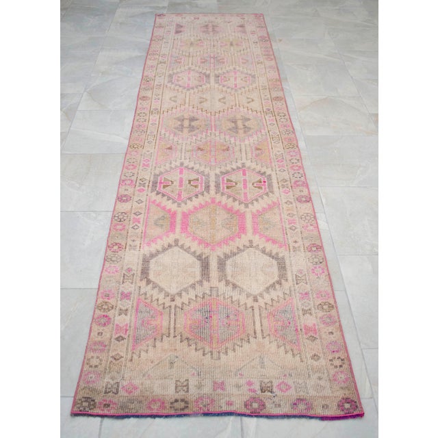 Vintage Turkish Hand-Knotted Runner Rug Pink Hallway Kitchen Decor - 2′9″ × 10′ For Sale - Image 14 of 17