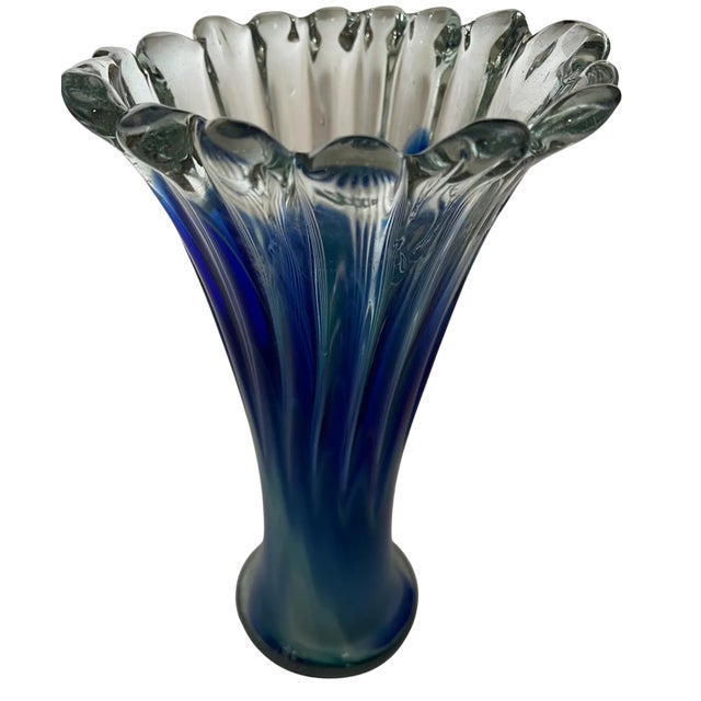 Glass Murano Art Glass Trumpet Vase With Fluted Scalloped Rim and Ombre Blue Pattern For Sale - Image 7 of 15