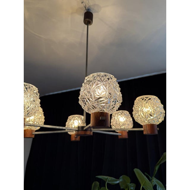 Mid-Century Modern 6-Arm Chandelier with Pressed Glass Shades, Late 20th Century For Sale - Image 6 of 17