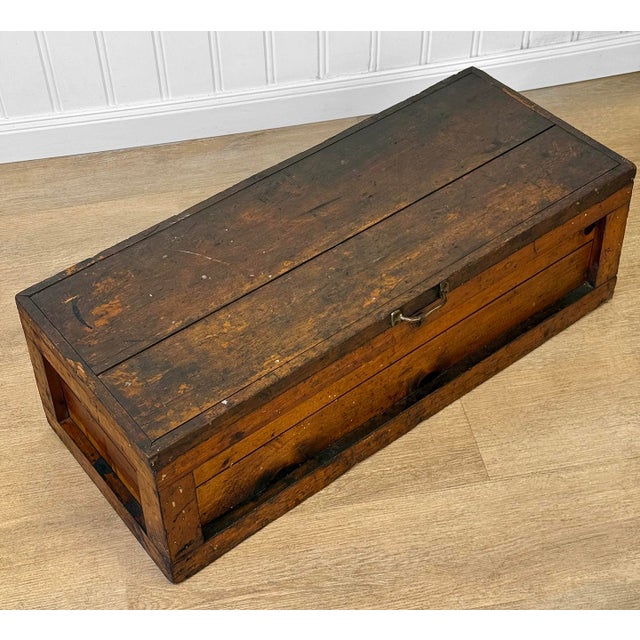 Brown Antique Large Primitive Farmhouse Pine Storage Tool Chest For Sale - Image 8 of 14