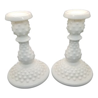 Vintage Fenton Milk Glass Hobnail Candle Sticks (Pair) For Sale