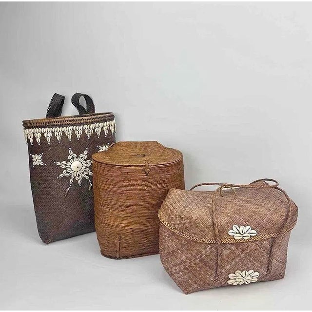 Adorable handmade vintage rattan and shell bags / baskets. Can be used for carrying or for a wonderful boho wall display....