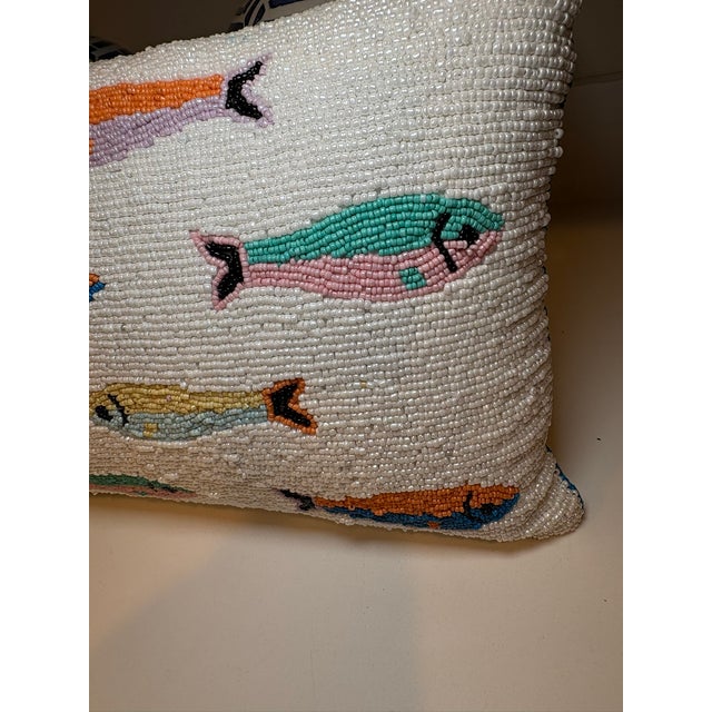 Palm Beach Preppy Beaded Sardine Fish Lumbar Accent Pillow For Sale - Image 4 of 14
