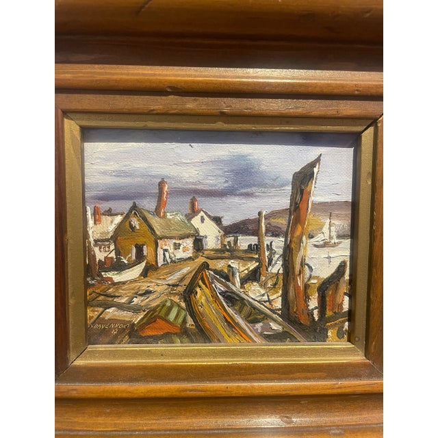 Oil painting of Harbor scene by Davenport Signed and dated 1972 Oil on board Measurements wtih frame.
