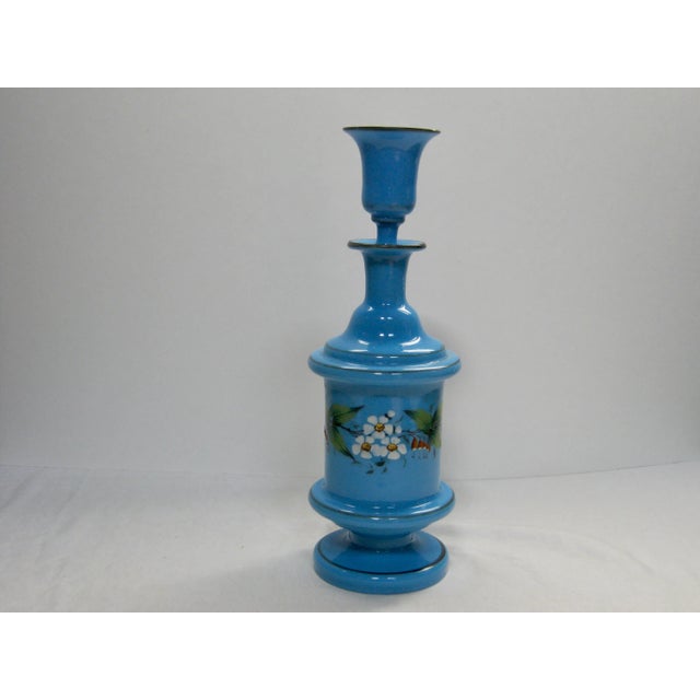 Antique Victorian rare hand blown hand painted French blue opaline floral decanter with cordial stopper. Bottom has dimple...