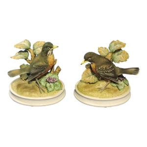 1970s Andrea by Sadek Majolica Ware Porcelain Robin Bird Figurines- Set of 2
