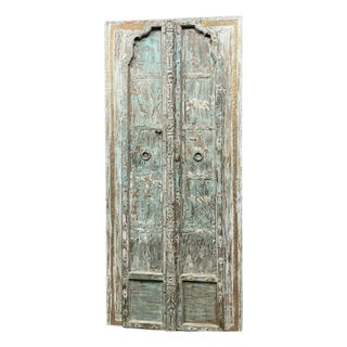 Antique Indian Carved Double Doors With Hand-Forged Brass Rustic Teak Entry Doors 81.5 For Sale