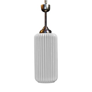Art Deco Bauhaus Ribbed Opaline Glass and Chrome Pendant Light, 1930s For Sale