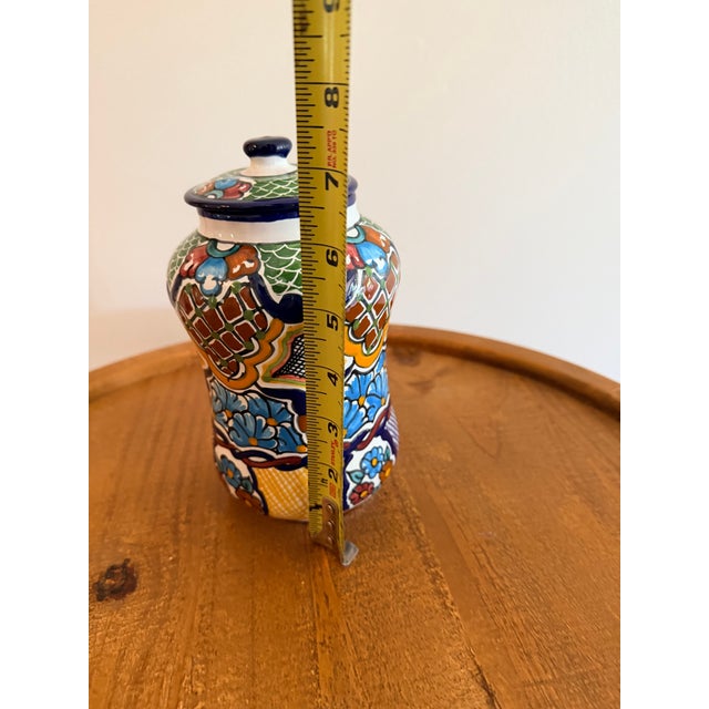 Blue Mexican Talavera Hand-Painted Multicolor Ceramic Lidded Jar For Sale - Image 8 of 8