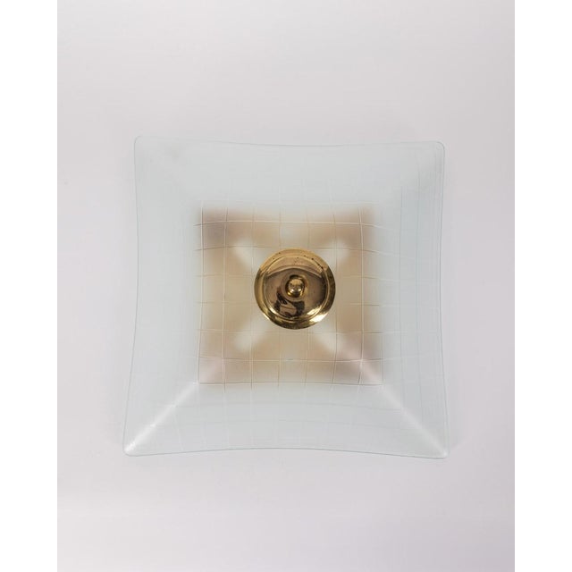 Ceiling light with golden brass structure and large decorated transparent glass lampshade, Italian design, 1960s. Up to...