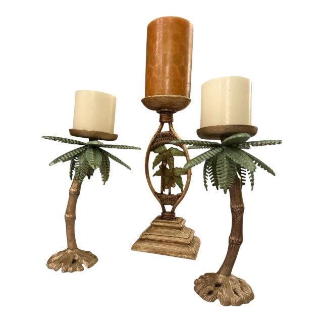 Late 20th Century Tropical Palm Tree Pillar Candle Holders - Set of 3 - Cast Metal - Gold & Verdigris - Coastal Maximalist For Sale In Cleveland - Image 6 of 12