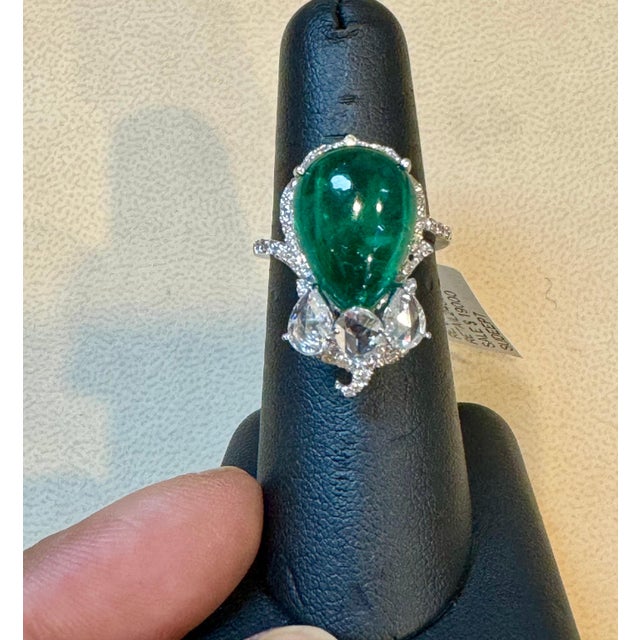 9 Ct Finest Zambian Sugar Loaf Emerald & 2 Ct Rose Cut Diamond Ring Size 7 For Sale - Image 13 of 18