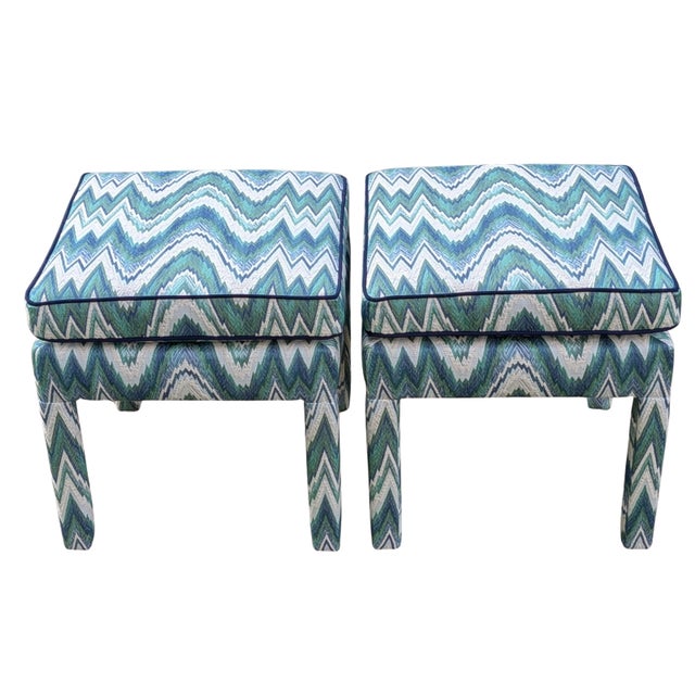 Not Yet Made - Made To Order Schumacher Valkyrie Flame Stitch Parsons Ottomans in Emerald & Peacock- Pair For Sale - Image 5 of 10