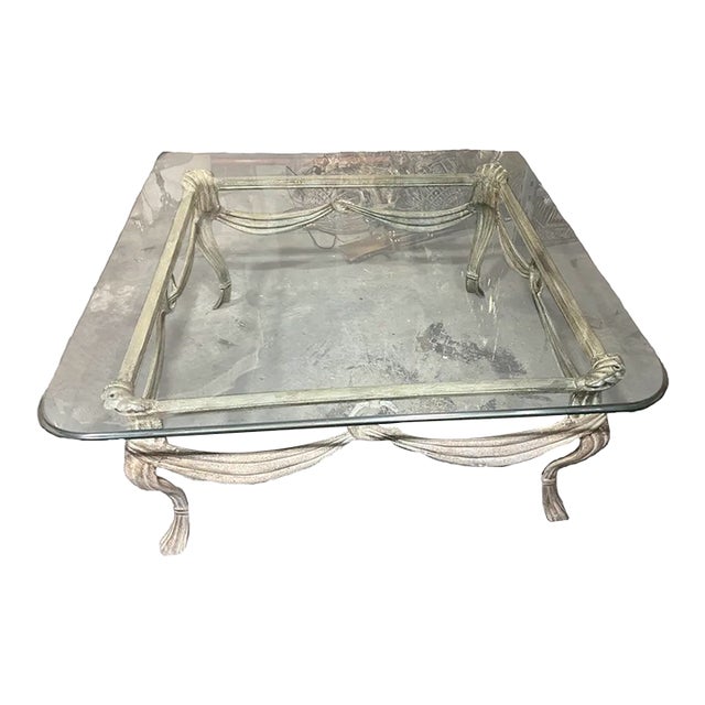 1970s French Metal Scrolling Cream Coffee One Table With Glass Top For Sale