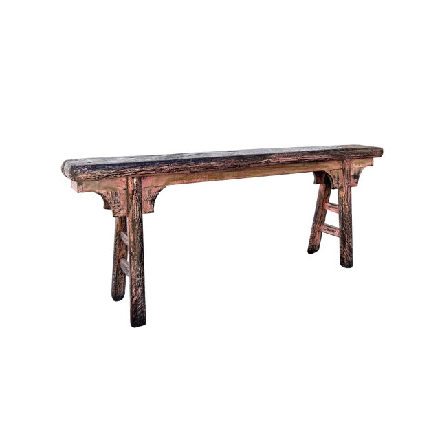 Rustic Distressed Rustic Pink Village Slim Narrow Wood Bench For Sale - Image 3 of 5