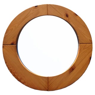 Large Mid-Century Scandinavian Pitch Pine Round Wall Mirror For Sale