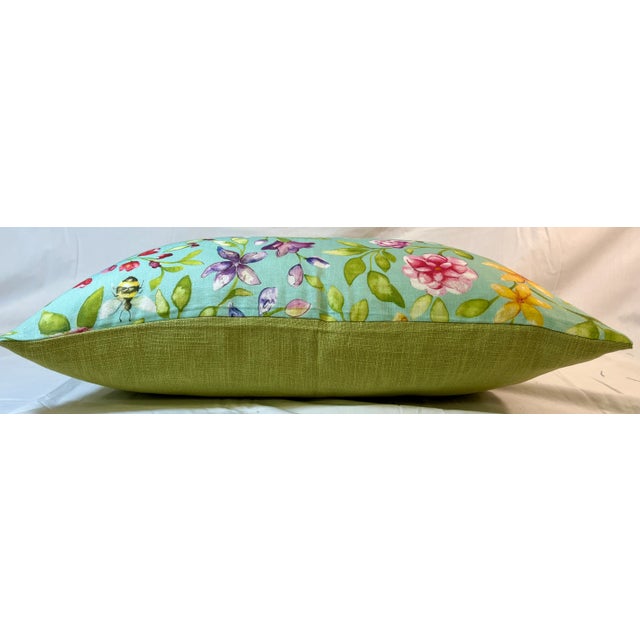 Farmhouse Large Bolster Pillow With a Vibrant Vintage Inspired Floral Pattern With Colorful Flowers, Butterflies & Bees on a Pale Blue Background - Made in U K For Sale - Image 3 of 11
