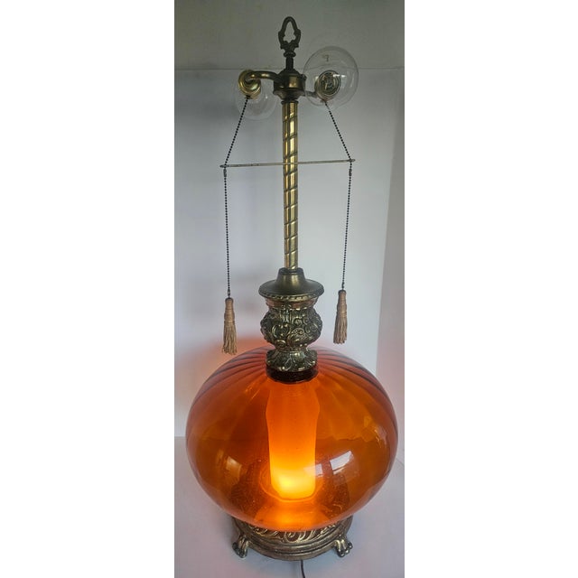1960s Vintage Hollywood Regency Amber Glass Genie Bottle Table Lamp For Sale - Image 5 of 7