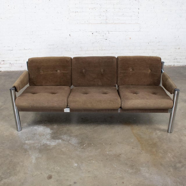 Handsome vintage Modern James David Inc. sling sofa composed of a chrome & steel frame, original brown wide wale corduroy...