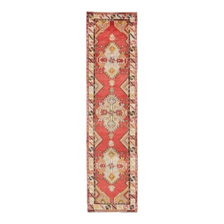 Sub-Geometric Tribal Vintage Oushak Runner From Turkey in Soft Red For Sale