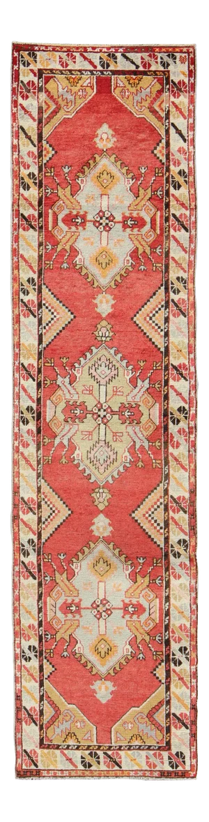 Sub-Geometric Tribal Vintage Oushak Runner From Turkey in Soft Red