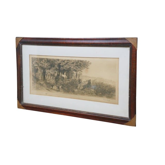 Late 19th century black and white etching by H.C. Rost. Panoramic forest landscape featuring a hunter firing at a leaping...