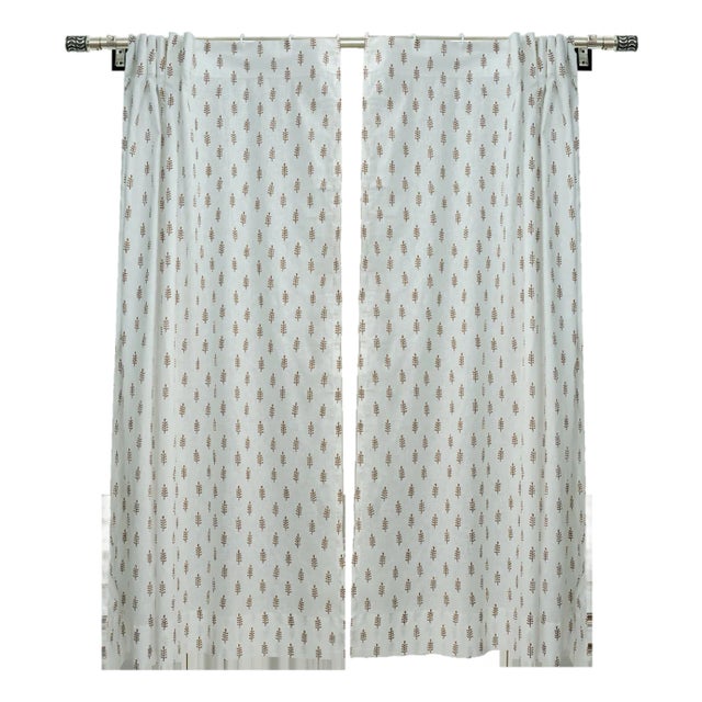 Semi-Sheer Colored Linen Curtain Light Filtering Window Panel With Block Print Design Size-54"x72"- Darpan For Sale