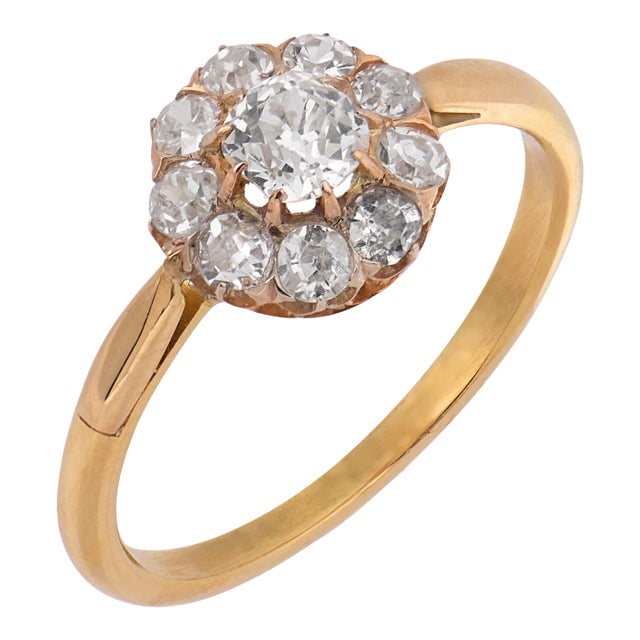 19th Century Victorian Old Mine Cut Diamond 18k Yellow Gold Cluster Ring, Size 6.75 For Sale
