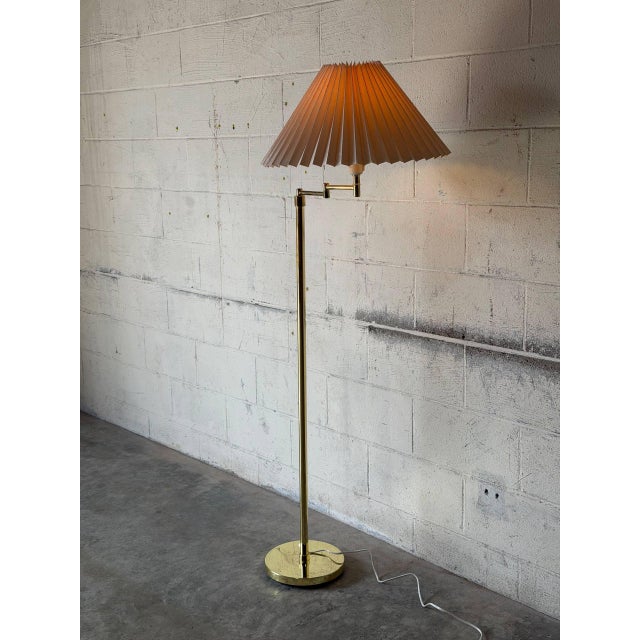Brass Swing-Arm Floor Lamp With Pleated Shade Danish Mid-Century Modern 1960s For Sale - Image 10 of 11