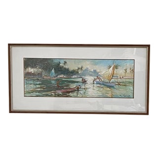 1970s Maritime Scene Seascape Gouache Painting on Paper by Guy Huze, Framed For Sale