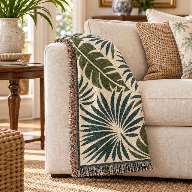 Dorothy Draper Tropical Palm Leaf Woven Throw Blanket – Green & Cream, 60 × 50 For Sale - Image 4 of 5