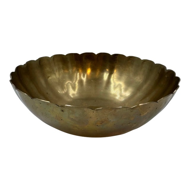 Vintage Hollywood Regency Scalloped Solid Brass Bowl, Italian Style, 9 3/4” For Sale