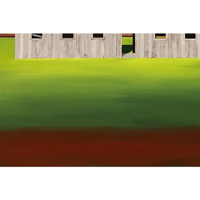Contemporary Northern Breeze by Justin Wheatley | Oil on Canvas Painting of a simple barn in a field For Sale - Image 3 of 5