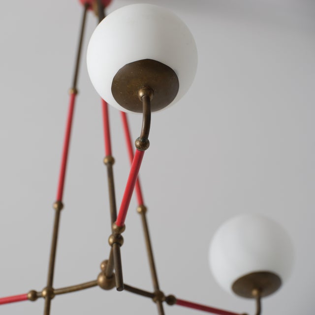 Metal Vintage Italian Brass and Red Lacquered Chandelier with Opaline Glass, 1950s For Sale - Image 7 of 13