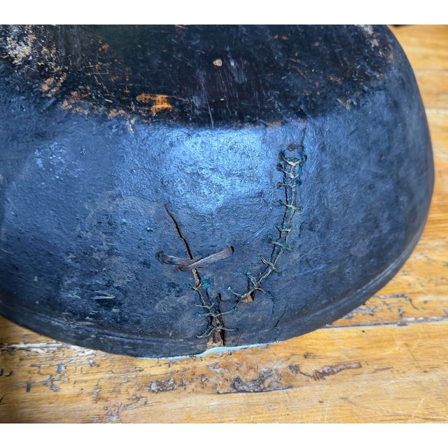 Antique Primitive Hand-Carved Wooden Bowl With Folk Art Wire Stitching and Brass Studded Rim For Sale In West Palm - Image 6 of 9