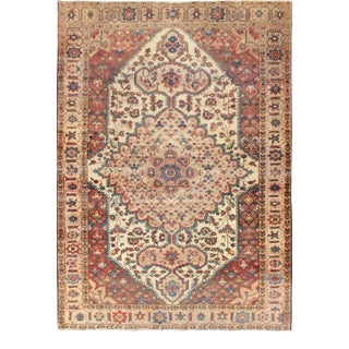 Antique Feraghan Sarouk Rug in Ivory Background, Brown Red, Camel, and Teal For Sale