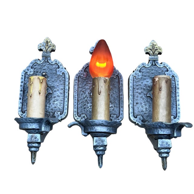 1910s Bare Bulb 4 + 1 Hammered Wall Sconces Storybook or Spanish Revival Mission Style #2598 For Sale - Image 13 of 14