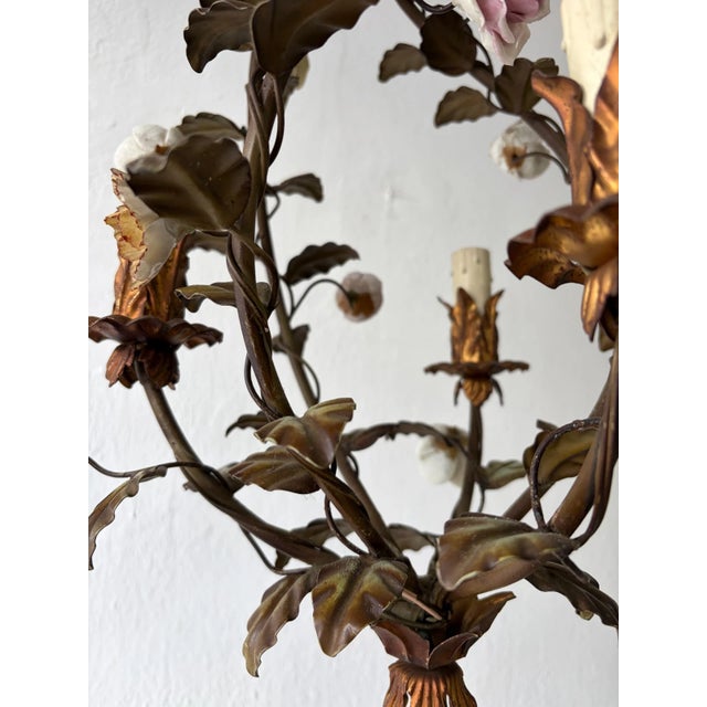 Italian Petit Tole With Porcelain Flowers Polychrome Chandelier, C. 1870 For Sale - Image 13 of 13