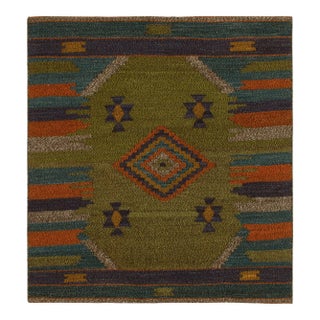 1980s Vintage Sofreh Kilim Rug in Green With Blue and Orange Geometric Patterns For Sale